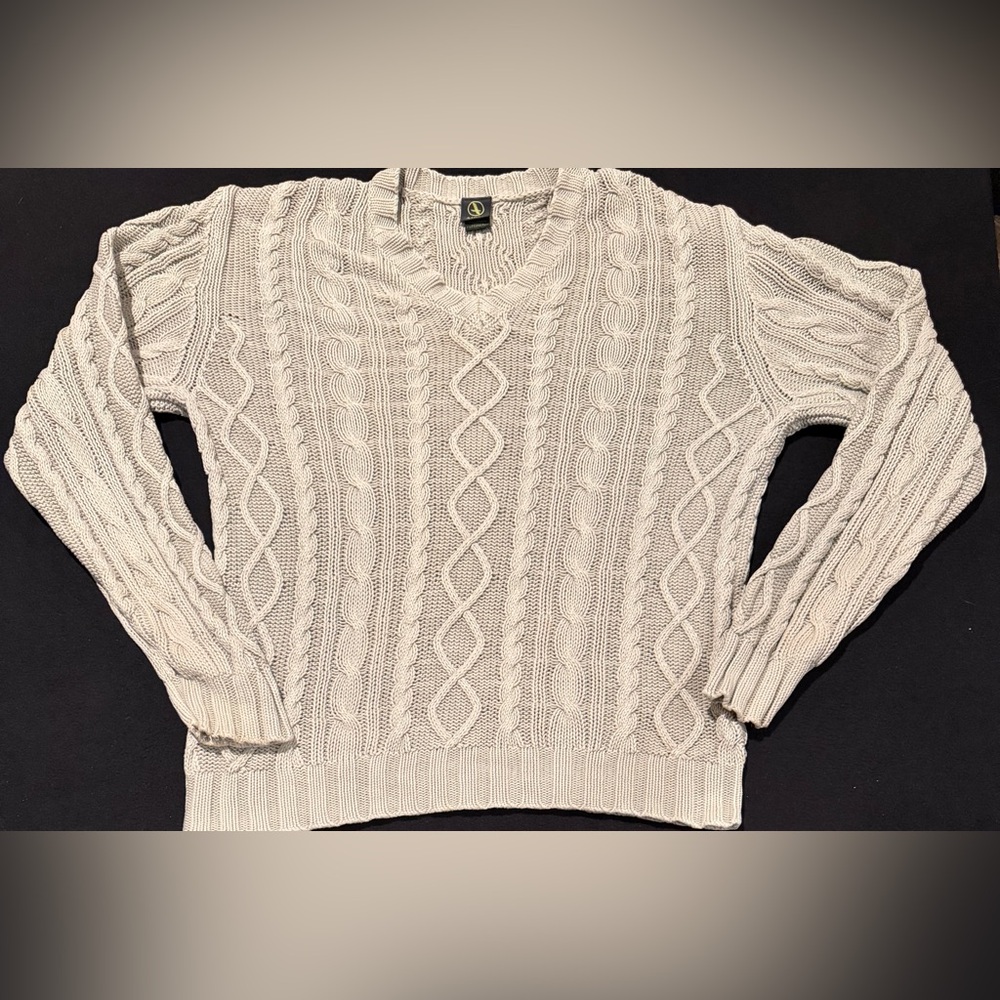 AIGLE Sweater XL Sage Green Cable Knit Pullover Long Sleeve 100% Cotton